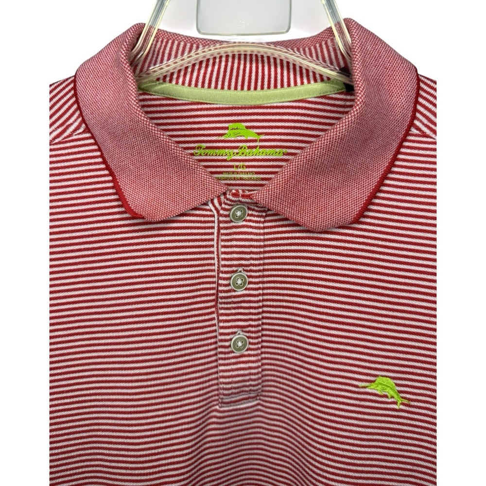 Tommy Bahama Men's Large‎ Red and White Striped Short Sleeve Polo Shirt